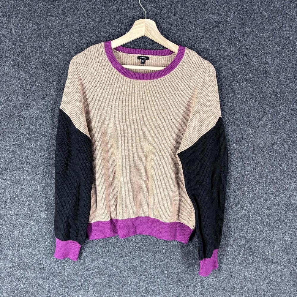Express Sweater Pullover Women M Medium Beige Colorblock Long Sleeve Knit Rayon